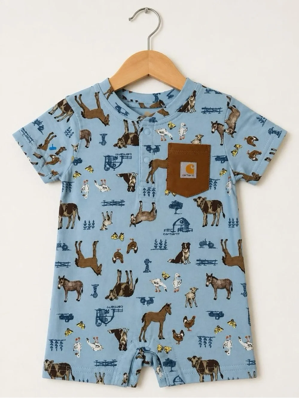 Carhartt Baby 6M Farm Print Short Sleeve Romper Blue NWT Animals Pocket